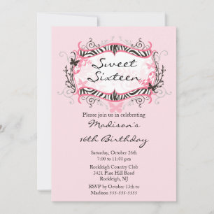 Rosa Zebra Sweet sixteen Birthday-inbjudan Inbjudningar