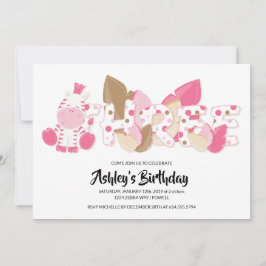 Rosa Zebra Tredje Födelsedagsfest inbjudan