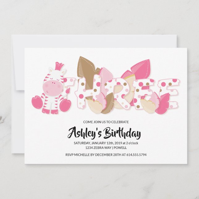 Rosa Zebra Tredje Födelsedagsfest inbjudan (Framsida)