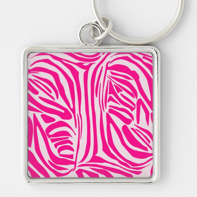 Rosa zebra tryck fyrkantig silverfärgad nyckelring (Framsidan)