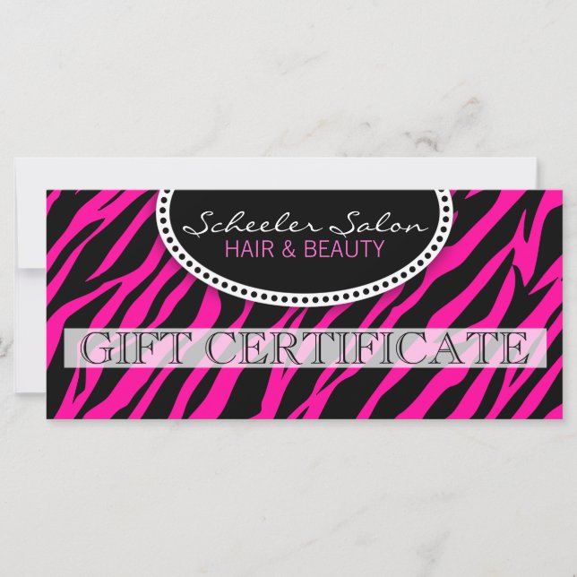 Rosa Zebra tryck Hair och Beauty Gift Certificate (Framsida)