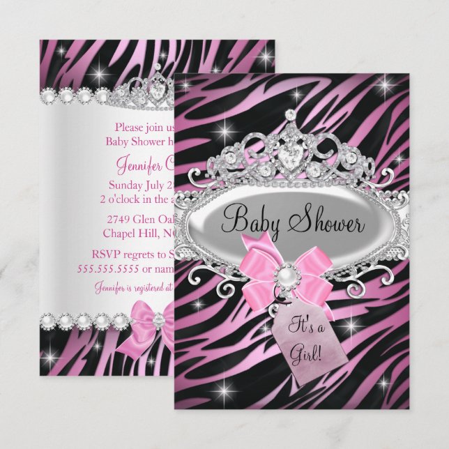 Rosa Zebra tryck & Princess Tiara Baby Shower Inbjudningar (Fram/baksida)