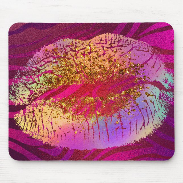 Rosa Zebra tryck Rainbow Guld Glitter Läppar Kiss Musmatta (Framsidan)