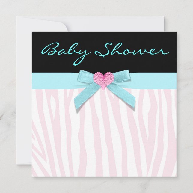 Rosa Zebra Turkos Hjärtans Babyflicka Shower Inbjudningar (Framsida)