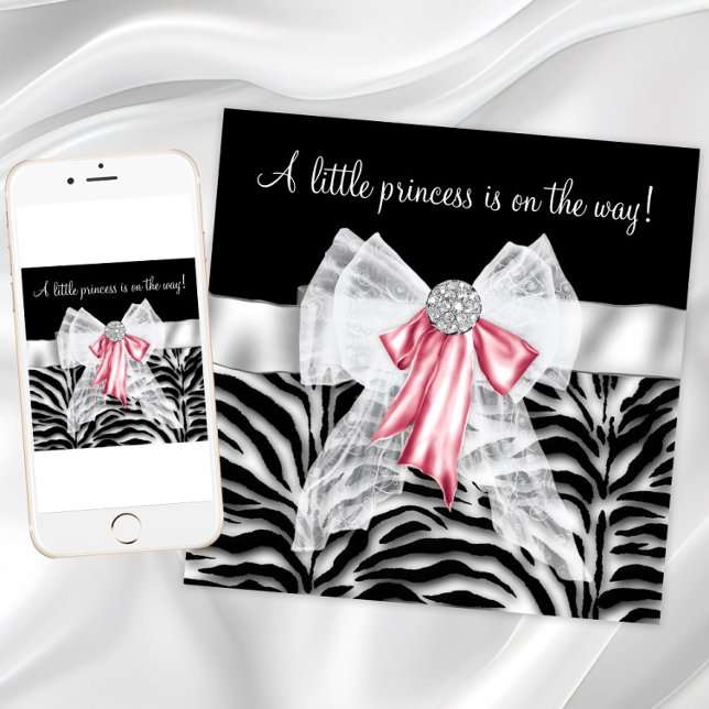 Rosa Zebrabarnvakt Inbjudningar (Girl zebra baby shower invitation with pretty pink bow. Add your own text to the front and back. )