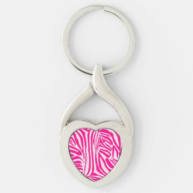 Rosa zebrartryck twisted heart silverfärgad nyckelring (Framsidan)