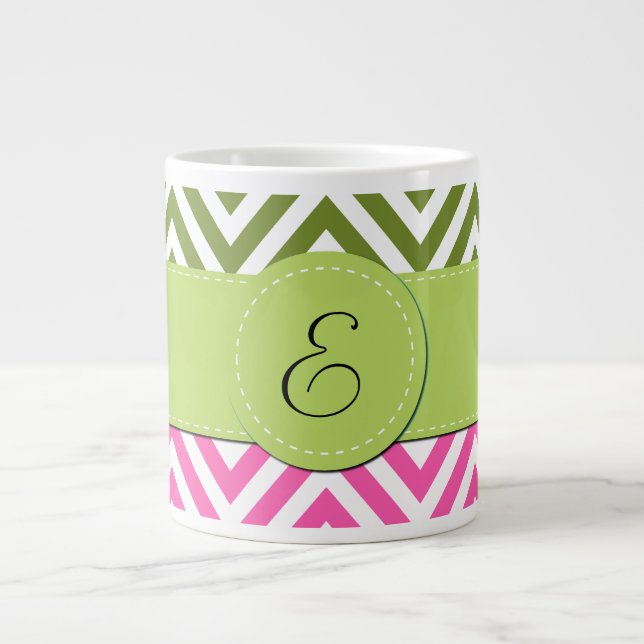 Rosa Zigzag, Grönt Zigzag, Chevron, Monogram Jumbo Mugg (Framsidan)