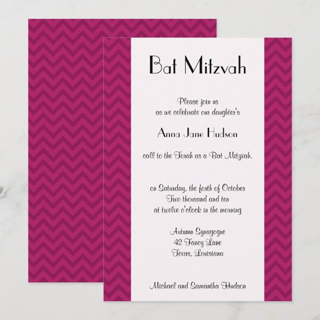 Rosa Zigzag, Rosa Chevron, Bat mitzvah Inbjudningar (Fram/baksida)
