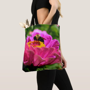 Rosa zink med humlor, rosa blommor, sött bin tygkasse