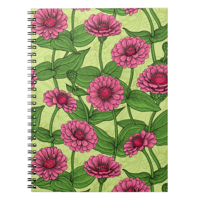 Rosa Zinnias på ljust grönt Anteckningsbok (Framsidan)