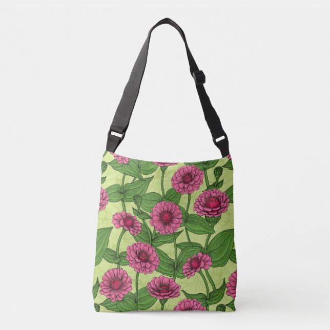 Rosa Zinnias på ljust grönt Axelväska (Framsida)