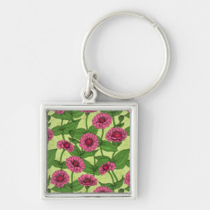 Rosa Zinnias på ljust grönt Fyrkantig Silverfärgad Nyckelring
