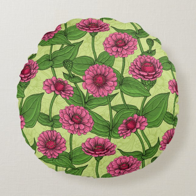 Rosa Zinnias på ljust grönt Rund Kudde (Framsidan)