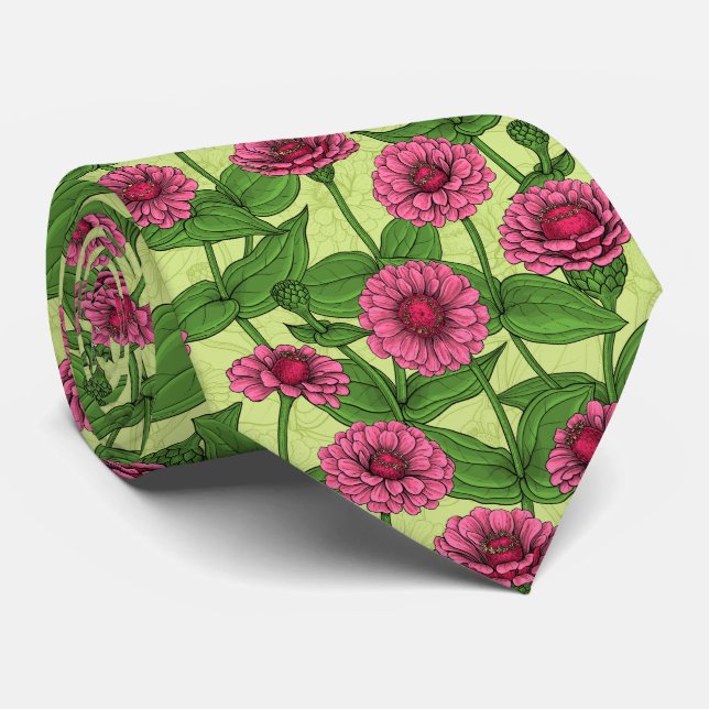 Rosa Zinnias på ljust grönt Slips (Rullad)
