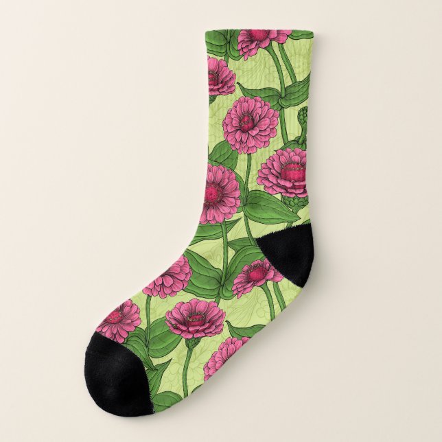 Rosa Zinnias på ljust grönt Strumpor (Vänster utanför)