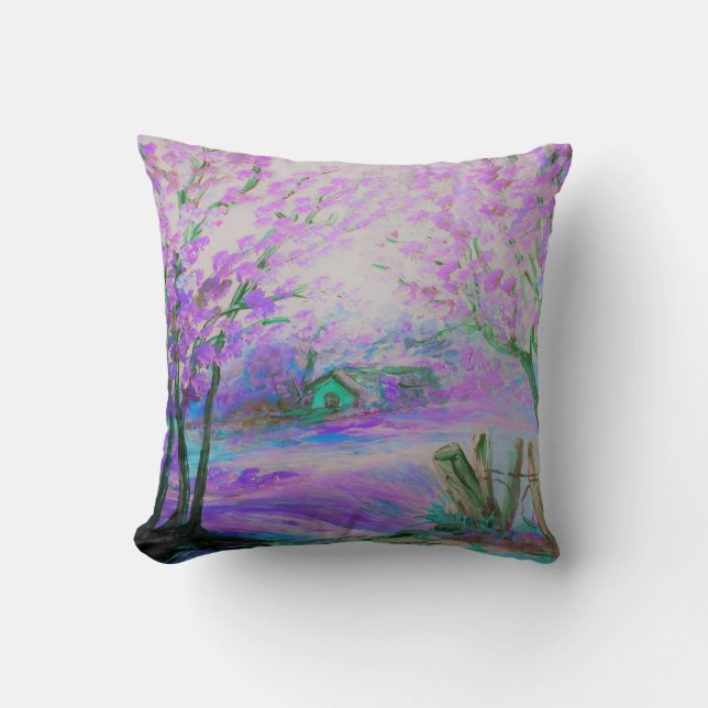 Rosaabstrakt landskap med träd och stugan kudde (Framsida)