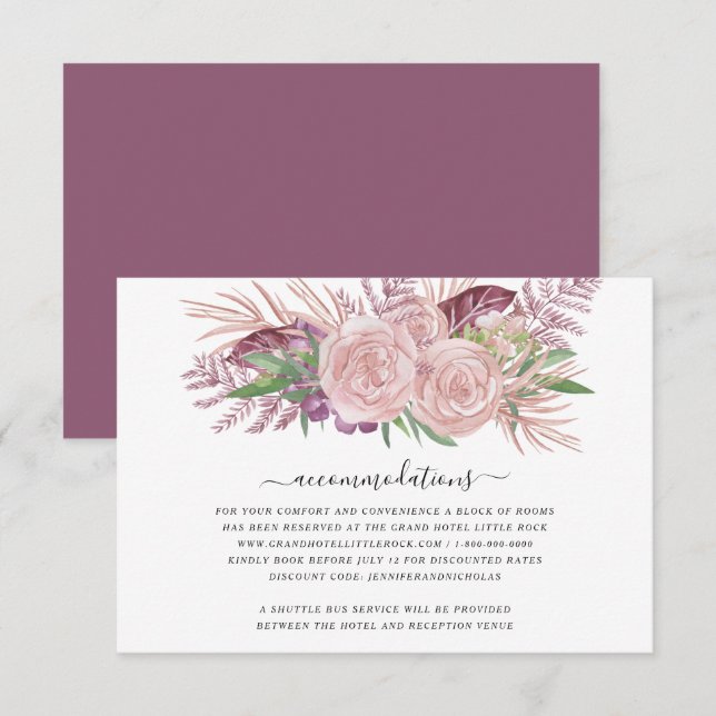 Rosabränd akvarellblommig bröllopsboende tilläggskort (Fram/baksida)