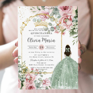 Rosabränd Blommig Grön Quinceañera Sweet 16 Inbjudningar