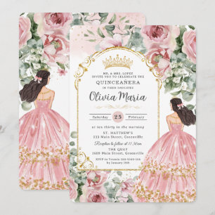 Rosabränd dammig rosa blommig klänning Quinceañera Inbjudningar
