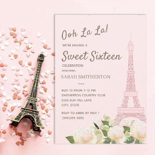 Rosabränd Eiffeltorn Vit Blommig Sweet 16 Inbjudningar