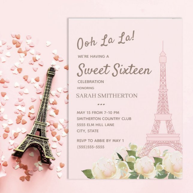 Rosabränd Eiffeltorn Vit Blommig Sweet 16 Inbjudningar (Blush pink Eiffel Tower/Paris Sweet 16 birthday party invitation)