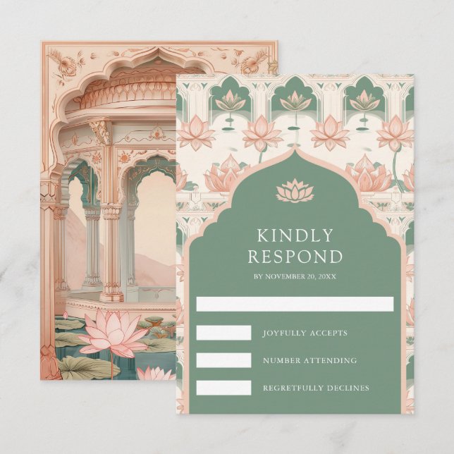 Rosabränd mintgrön Lotus Trädgård Indisk Bröllop OSA Kort (Fram/baksida)