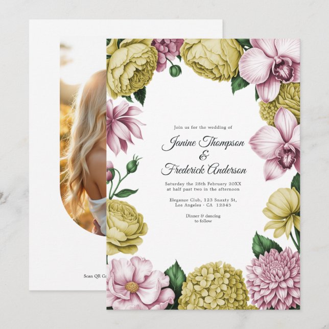 Rosabränd & Mjuk Guld Vattenfärg Blommig Bröllopsi Inbjudningar (Fram/baksida)