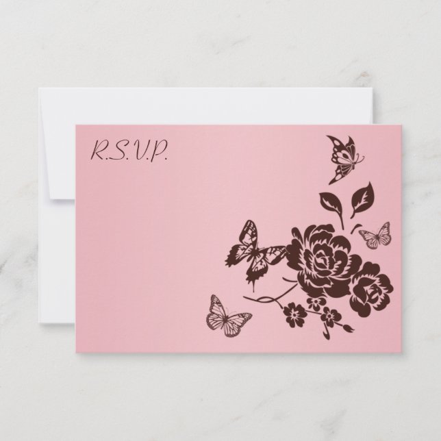 Rosabränd och Brun Fjäril Blommig Svarskort Inbjudningar (Framsida)