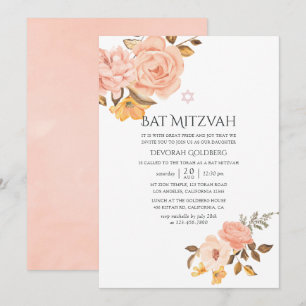 Rosabränd och guld Blommig Bat Mitzvah Inbjudningar