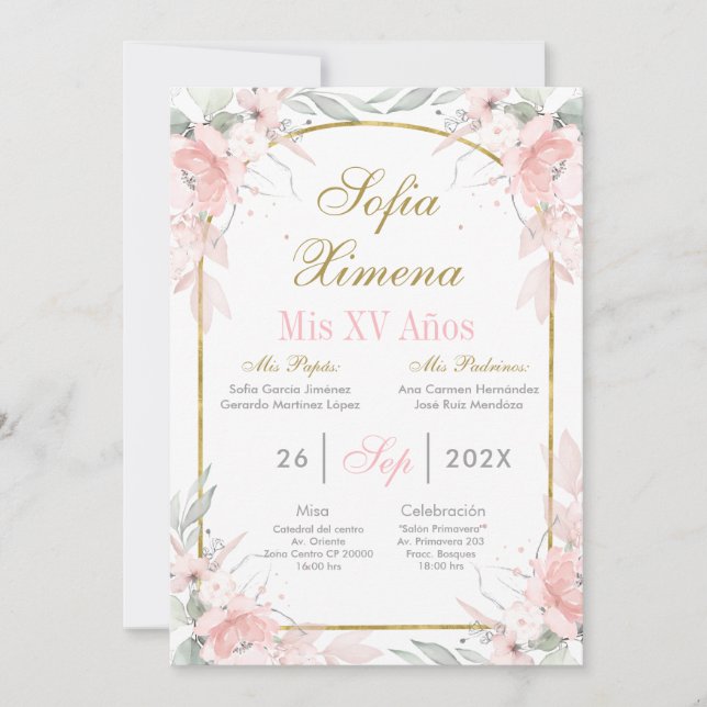 Rosabränd och guldvalvbåge Quinceañera Inbjudningar (Framsida)