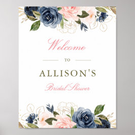 rosabränd och marinblå blomsterbröllops välkomstsk poster