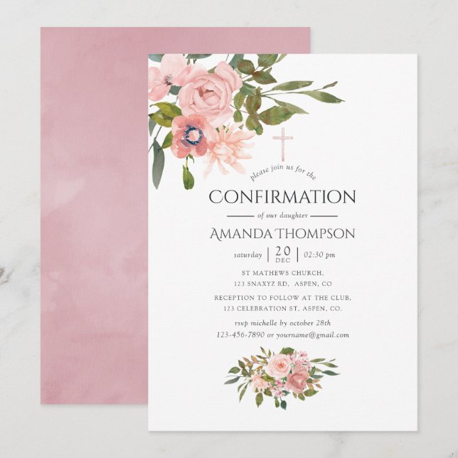 Rosabränd och roséguld Blommig konfirmation Inbjudningar (Fram/baksida)