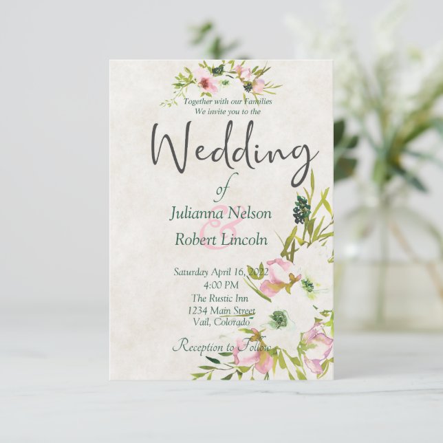 Rosabränd och vit akvarell blomsterbröllopsinbjuda inbjudningar (Stående Fram)