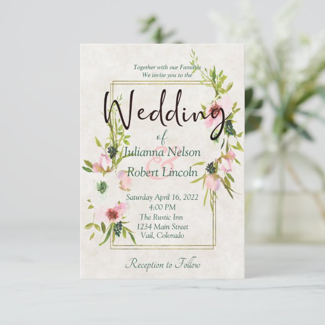 Rosabränd och vit akvarell blomsterbröllopsinbjuda inbjudningar (Stående Fram)
