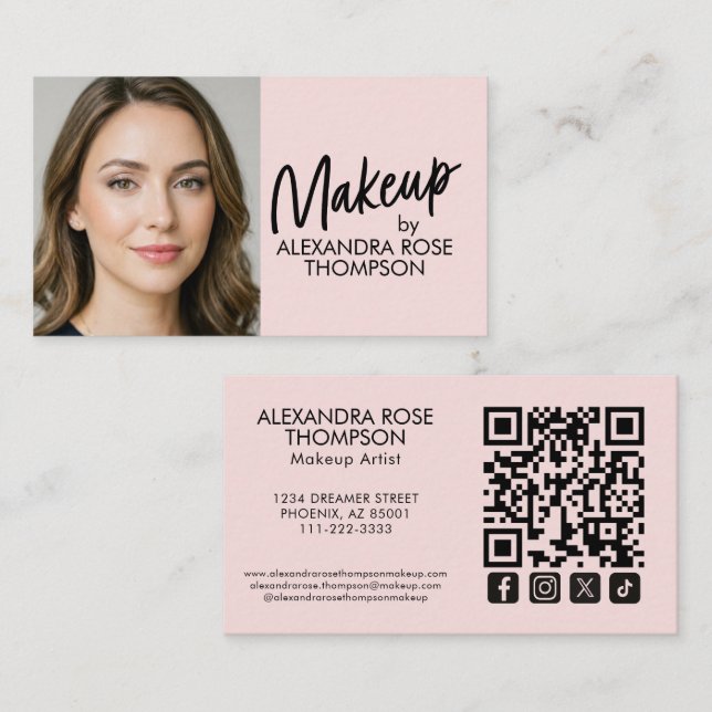 Rosabränd Svart Script Qr Kod Social Ikon Smink Visitkort (Fram/baksida)