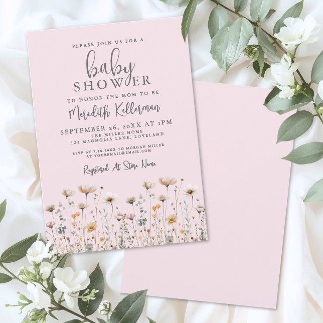 Rosabränd Vildblomma Barnkalas Inbjudningar (Blush Pink Wildflower Baby Shower Invitation)