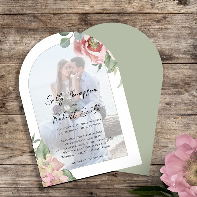 Rosabruden Foto Blommig Bröllopsbåge Inbjudningar (Elegant blush pink floral arch photo wedding invitation template. )