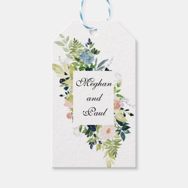 Rosabrukt och Blå Blommig Akvarellpresentetikett Presentetikett (Framsidan)