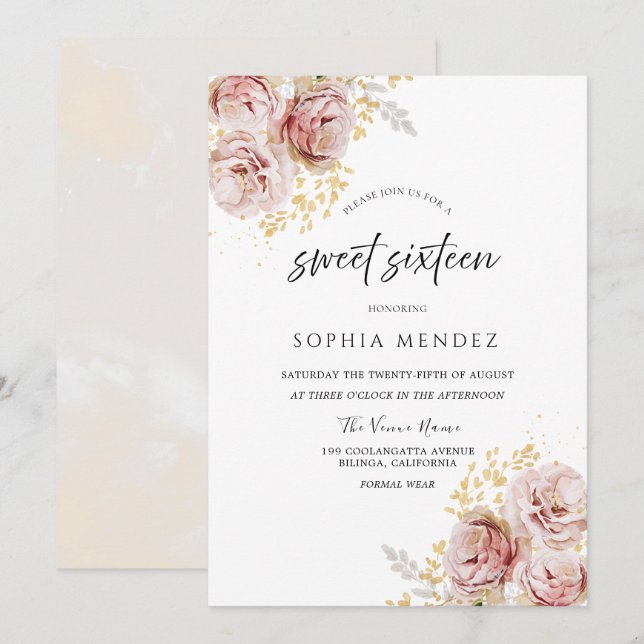Rosabruna akvarellblommor vacker Sweet Sixteen Inbjudningar (Fram/baksida)