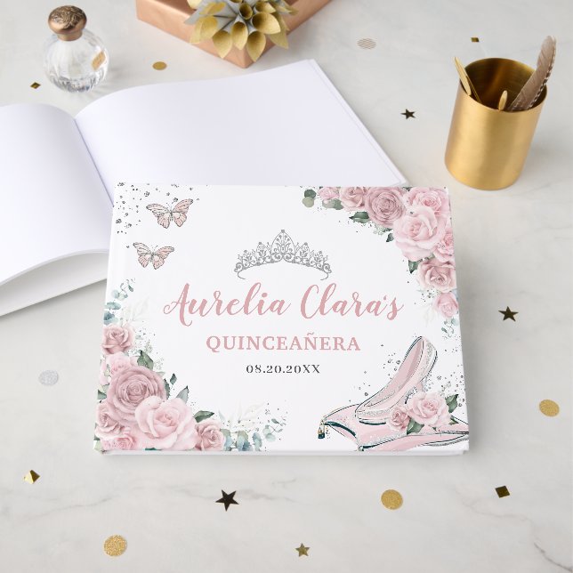 Rosabruna blomglas Sandal Quinceañera XV 16 Gästböcker (Framsida Öppen)