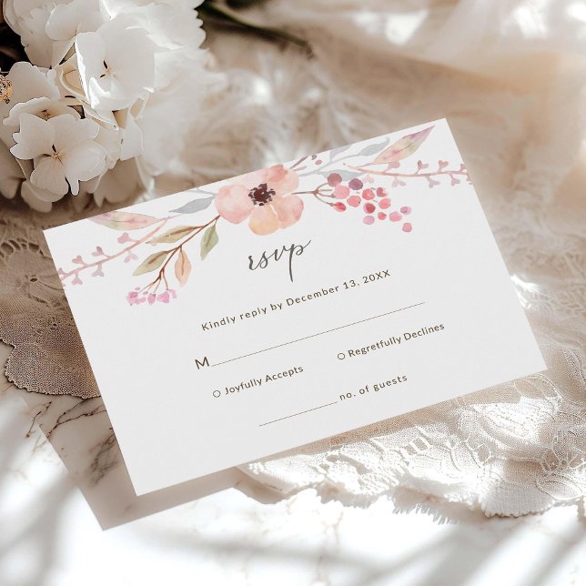 Rosabruna Blommig Dop Svarskort OSA Kort (Blush Pink Floral Girl Baptism RSVP Card)
