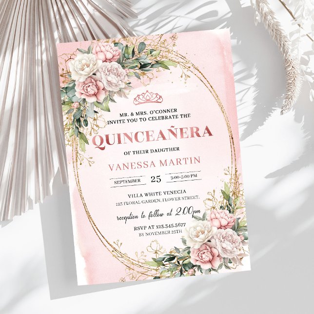 Rosabruna Blommig Grönska Quince Inbjudan (Blush Pink Floral Greenery Quince Invitation)