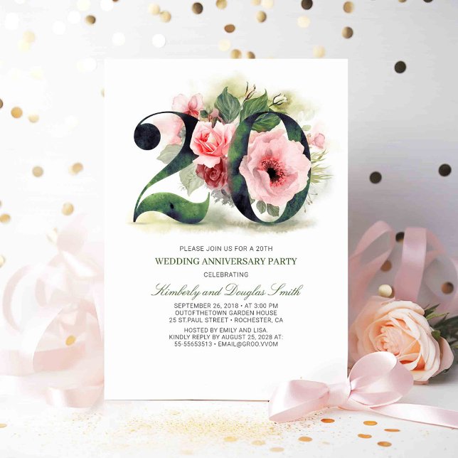 Rosabruna blommor 20-års bröllopsdag inbjudningar (20th Wedding Anniversary Invitations)