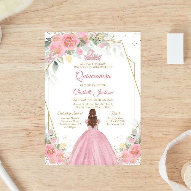 Rosabruna blomster-quinceanera-inbjudan inbjudningar (Skapare uppladdad)