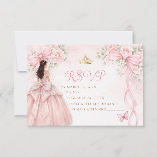 Rosabruna blomsterbåge band Quinceañera RSVP-kort Tack Kort (Framsida)