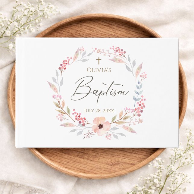 Rosabruna blomsterflicka Dopgästbok Gästböcker (Blush Pink Floral Girl Baptism Guest Book)