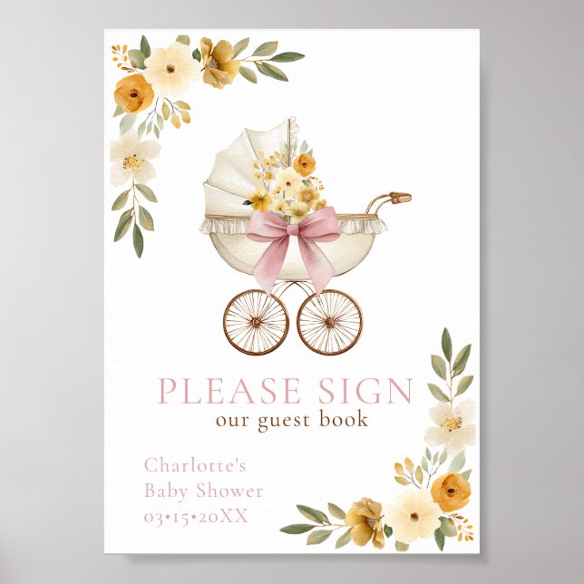 Rosabruna blomsterkärra gästbokssköld poster (Framsidan)
