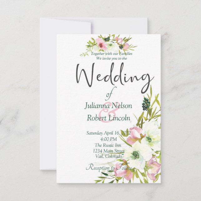 Rosabruna och vita akvarell blommande bröllopsinbj inbjudningar (Framsida)
