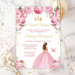 Rosabrunt Brunt Hår Prinsessa Sweet Sixteen Inbjudningar