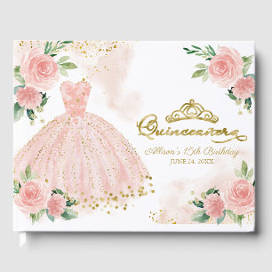 Rosabrunt klänning Blommig Quinceanera gästbok